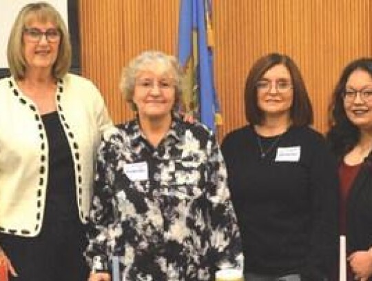 Left to Right WTC-Sayre Business Technology Instructor, Susanne Silk with past and present students Jackie Stanley, Vicky Gifford, and Tracy Gregory at the recent student organization Business Professionals of America installation of officers.